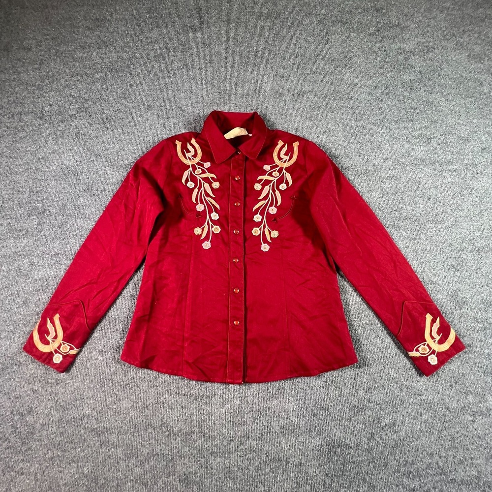 VTG Scully Women S Red Rayon Floral Horseshoe Embroidered Western Snap Shirt